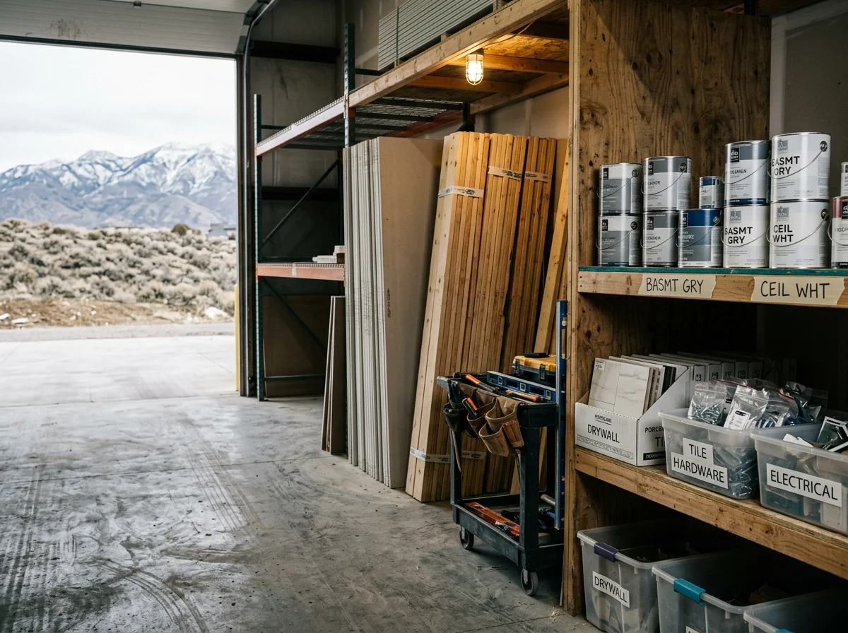Construction tools and materials organized on a job site, ready for basement finishing and remodeling work.