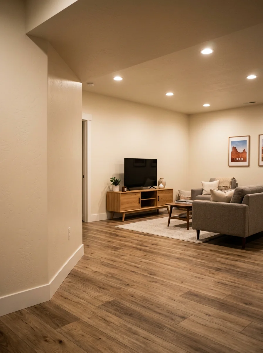 Finished basement living room with recessed lighting and LVP flooring in a Tooele Valley home.