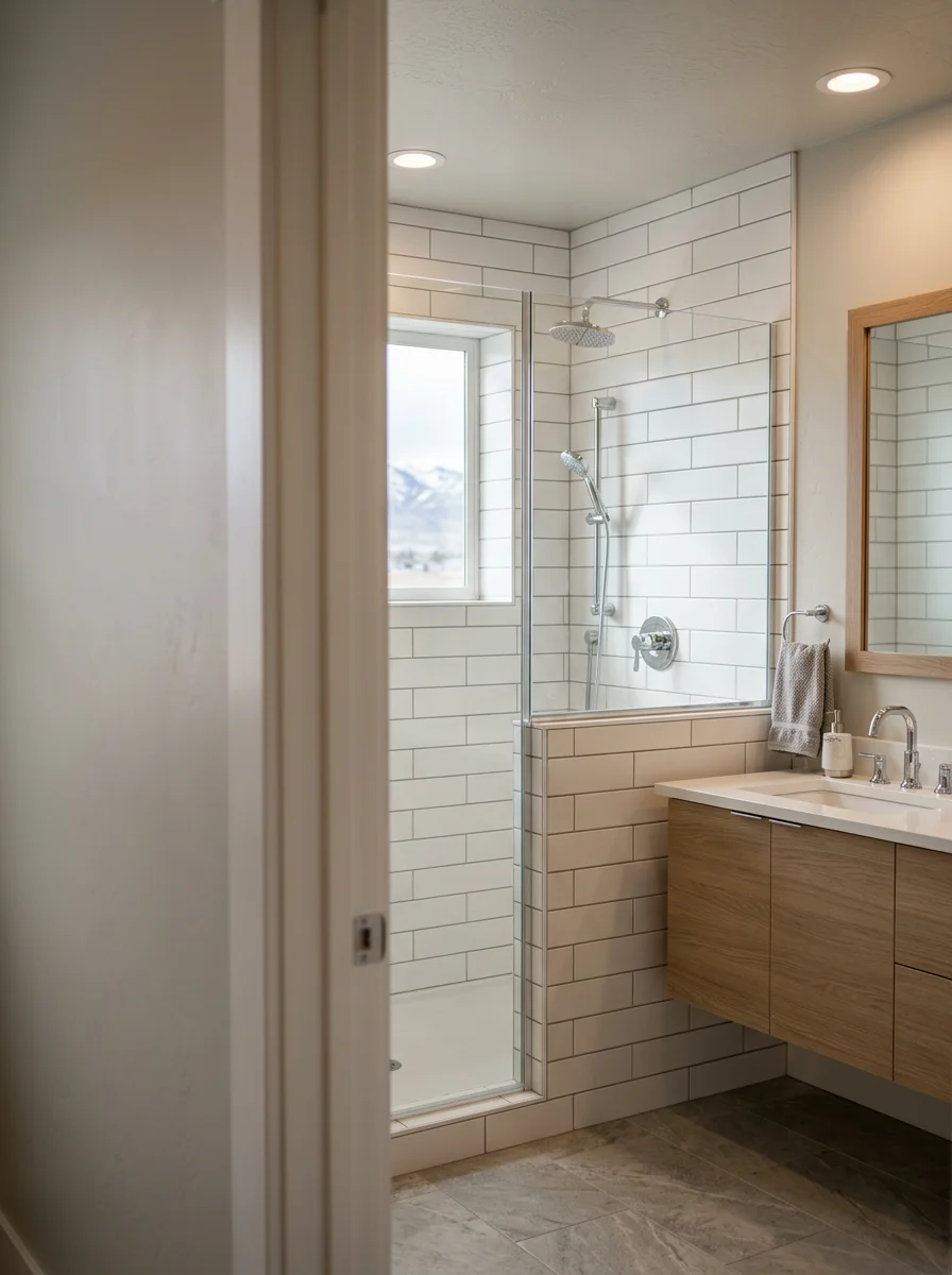 Finished basement bathroom with tile shower and vanity in a Grantsville Utah home.
