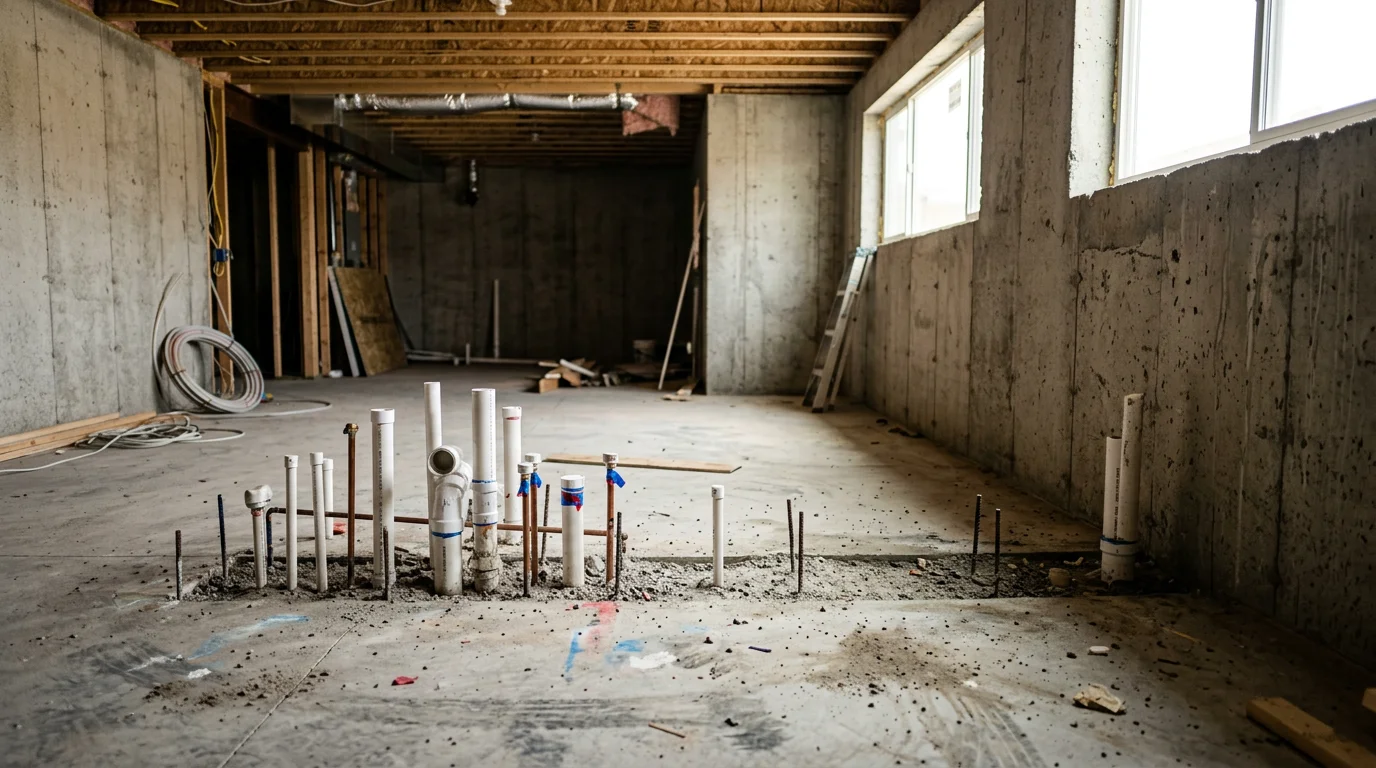 Open unfinished basement in a newer Grantsville Utah single-family home with concrete walls and plumbing stub-outs on the slab.