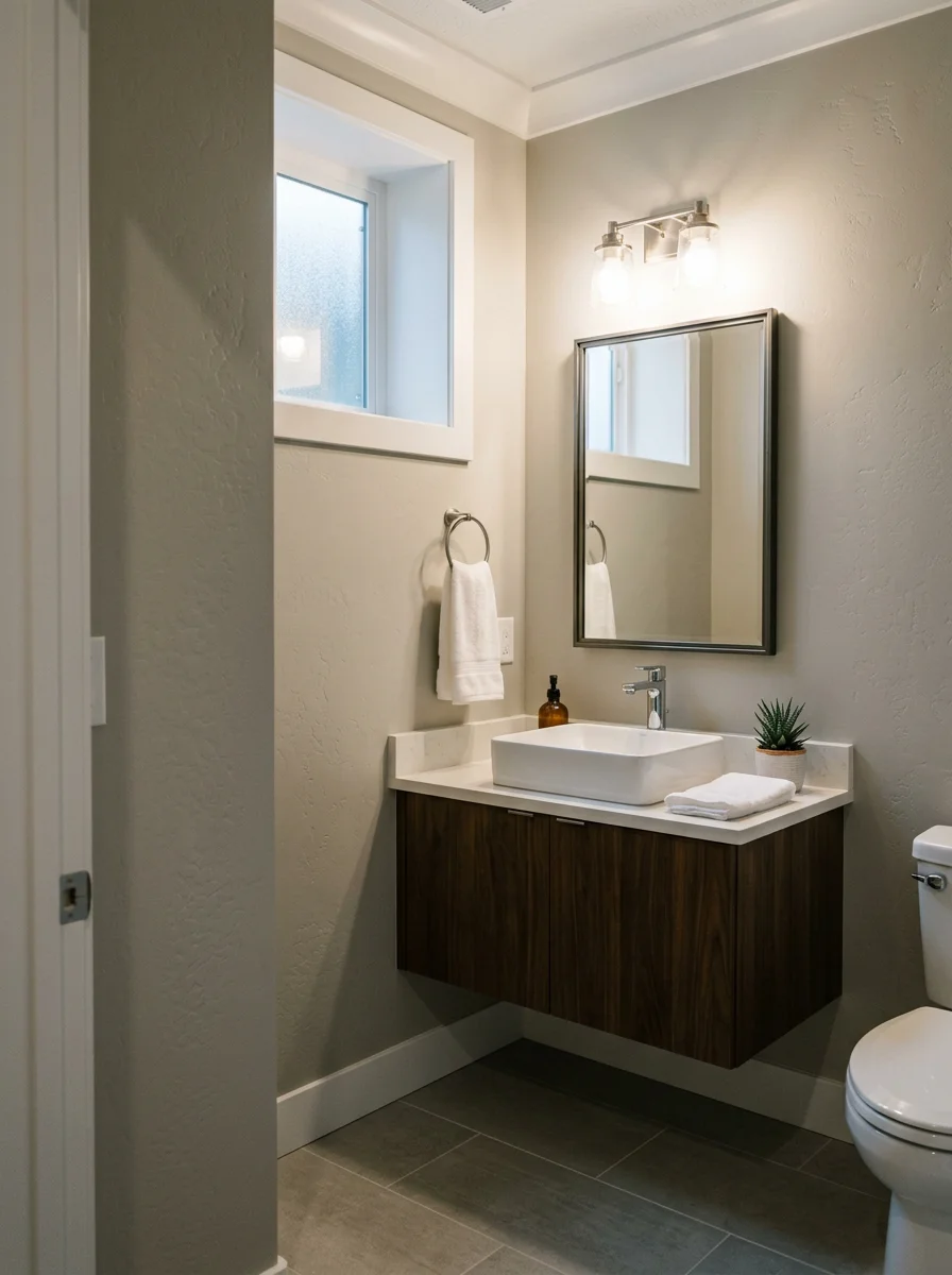 Finished basement half bathroom with tile floor and vanity in a newer Lake Point Utah home.