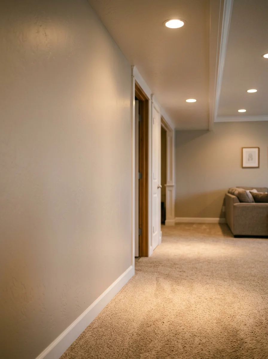 Completed basement family room with recessed lighting and carpet in a Stansbury Park Utah subdivision home.