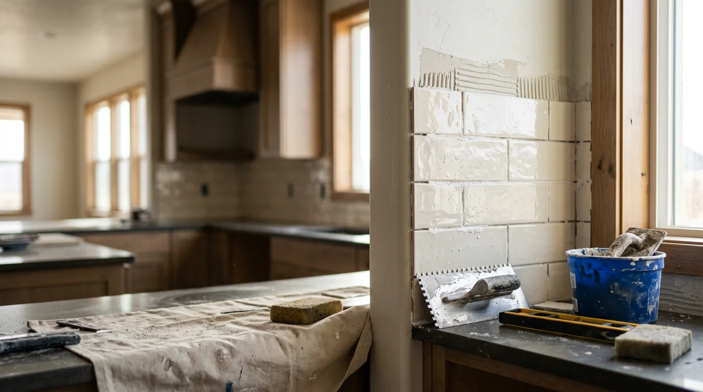 Freshly installed kitchen backsplash behind a sink in a Tooele County home, showing clean grout lines and a smooth, water-resistant wall surface. The finished installation ties together the countertop and cabinetry in a practical, updated kitchen space.