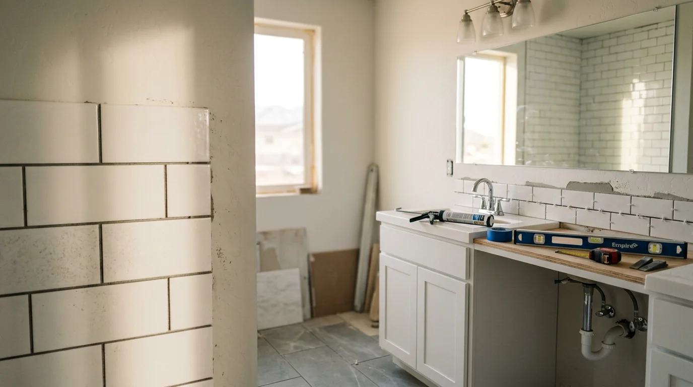 A finished bathroom remodel in a Tooele County home showing a tiled walk-in shower, updated vanity, and new fixtures. Work completed by Honest Construction and Landscaping serving Tooele, Grantsville, Stansbury, Lake Point, and Erda.