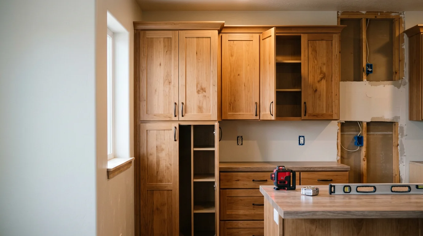 Newly installed kitchen cabinets in a Tooele County home, showing upper and lower cabinet runs with clean alignment along painted walls. A finished basement utility area with installed storage cabinets is visible in the background.