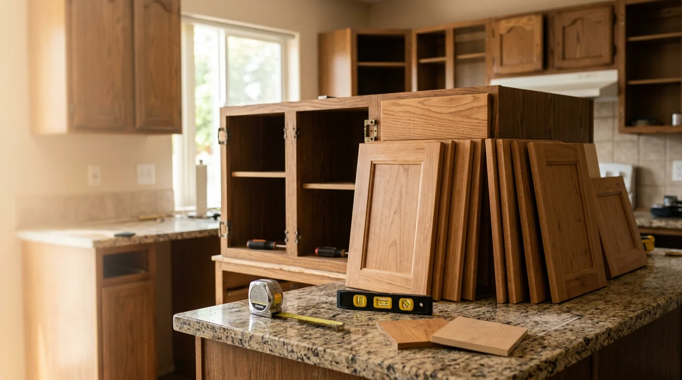 Refaced kitchen cabinets with new door fronts and drawer faces installed in a Tooele County home. The existing cabinet boxes remain in place while the updated surfaces give the kitchen a clean, refreshed appearance.