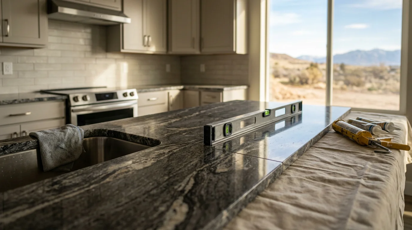 Freshly installed countertop in a Tooele County kitchen, showing a clean surface fit against painted cabinets with natural light from a nearby window. The finished edge meets the wall with no visible gaps, reflecting a complete countertop installation by Honest Construction and Landscaping.