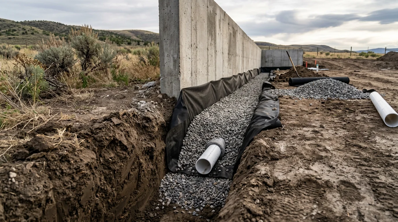 A freshly installed basement drainage channel running along the interior perimeter of an unfinished basement floor in a Tooele County home. The concrete has been cut and the drain channel is set and ready to manage water intrusion from the surrounding clay soil.