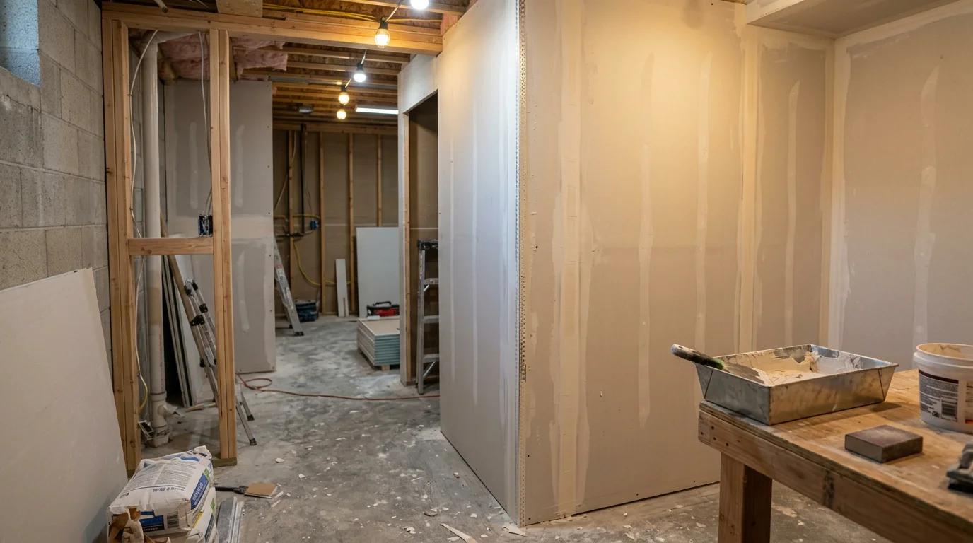 Freshly installed and taped drywall covering the framed walls of an unfinished basement in a Tooele County home. Smooth joint compound has been applied across the seams, with the space ready for paint and trim.