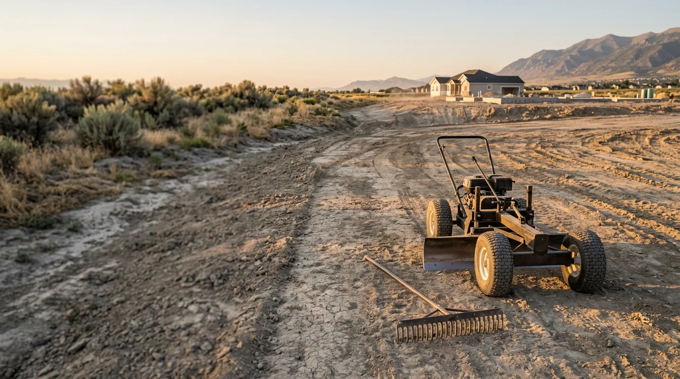 A freshly graded residential yard in Tooele County, Utah, showing smooth, evenly sloped soil ready for lawn installation. The ground slopes gently away from the home's foundation with no visible low spots or standing water.
