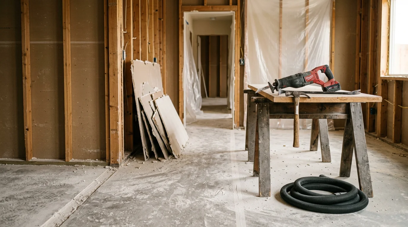 Interior demolition in progress inside a Tooele County home, with drywall and framing removed from a basement space being prepared for finishing. The structural frame remains intact while the cleared area is ready for the next phase of renovation.