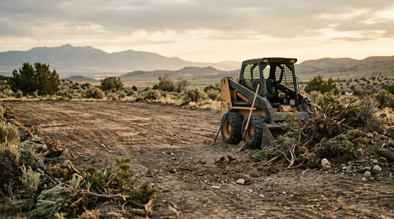 A cleared residential lot in Tooele County, Utah, with brush, scrub, and debris removed and the ground leveled and ready for construction or landscaping. Rocky desert terrain surrounds the property edge, typical of the Tooele Valley area.