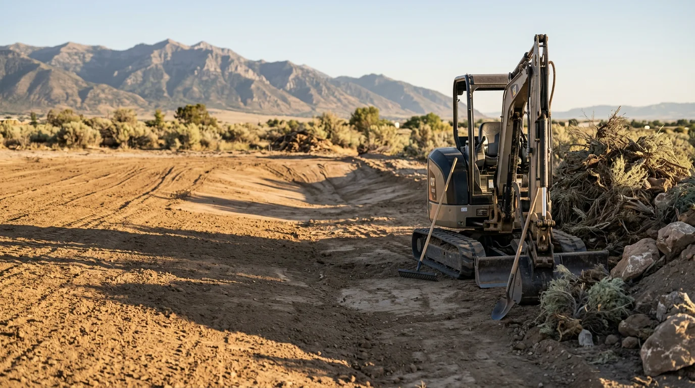 A Tooele County residential yard with cleared and leveled ground ready for landscaping installation. Soil surface is smooth and compaction-free, with a Stansbury-area home visible in the background.