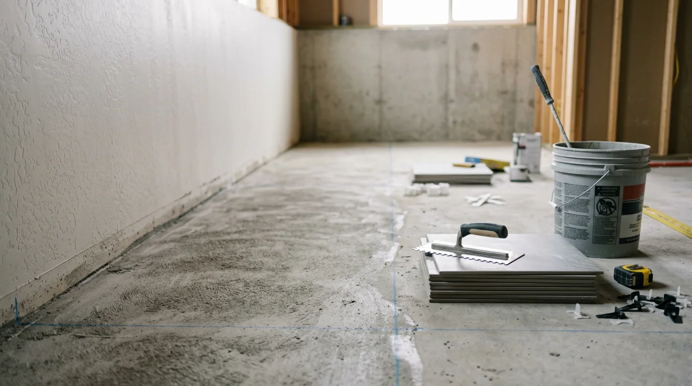 Freshly installed tile floor in a finished basement in Tooele County, Utah, showing clean grout lines and a smooth, level surface ready for daily use.